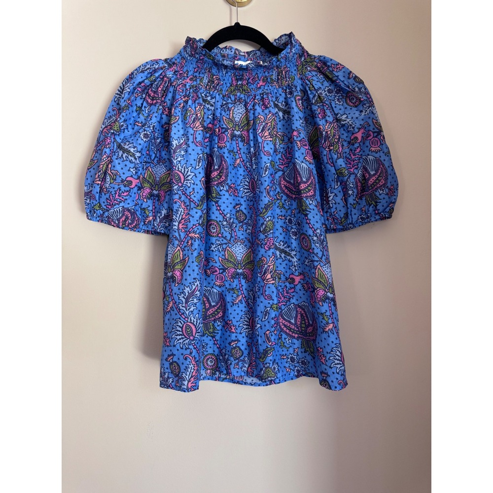 Roller Rabbit Blue Floral Paisley Smocked Puff Sleeve Blouse Cotton Silk Large